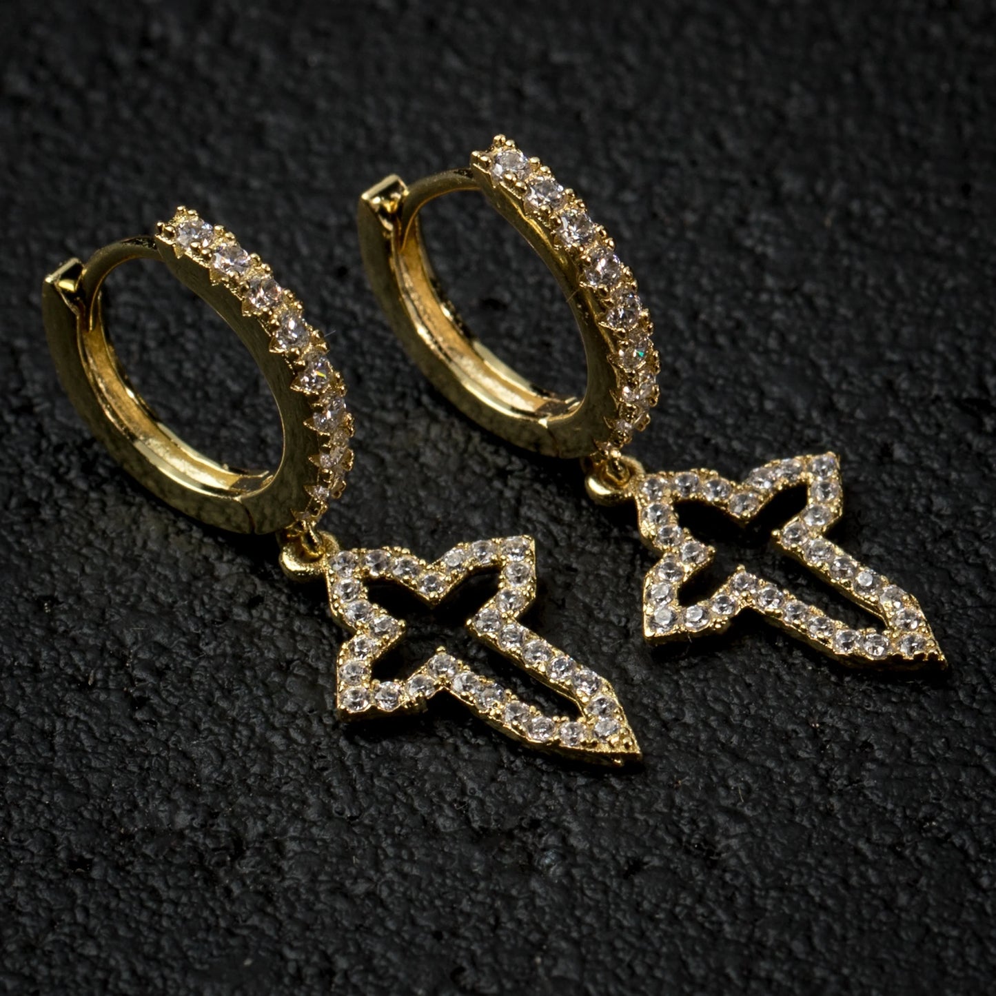 Men'S Yellow Gold Plated 925 Sterling Silver Iced Cz Cross Dangle Hoop Earrings