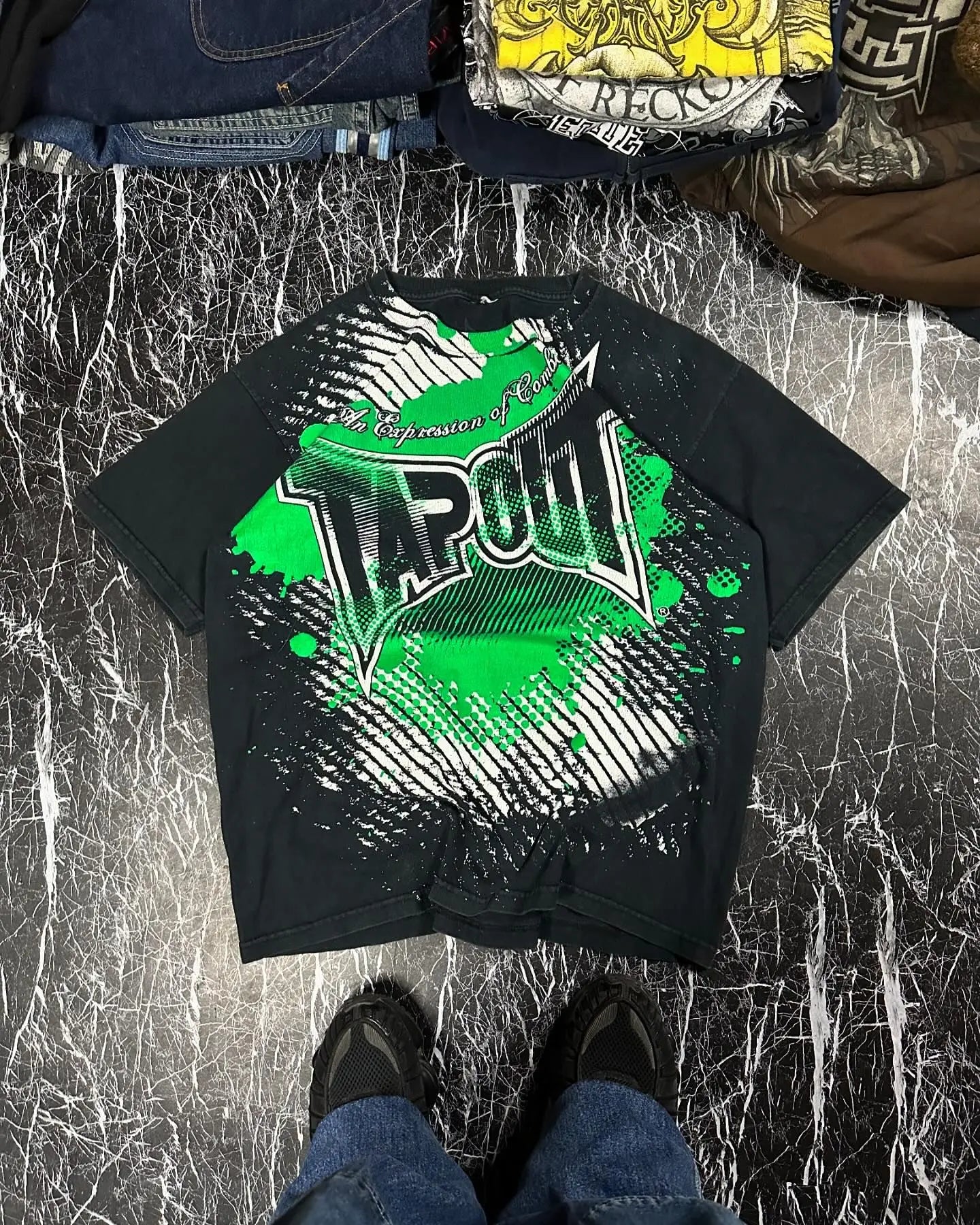 New Tapout Green Graffiti Shirts Y2K Mens Graphic Print Oversized T Shirt Harajuku Gothic round Neck Cotton Short Sleeve Tops