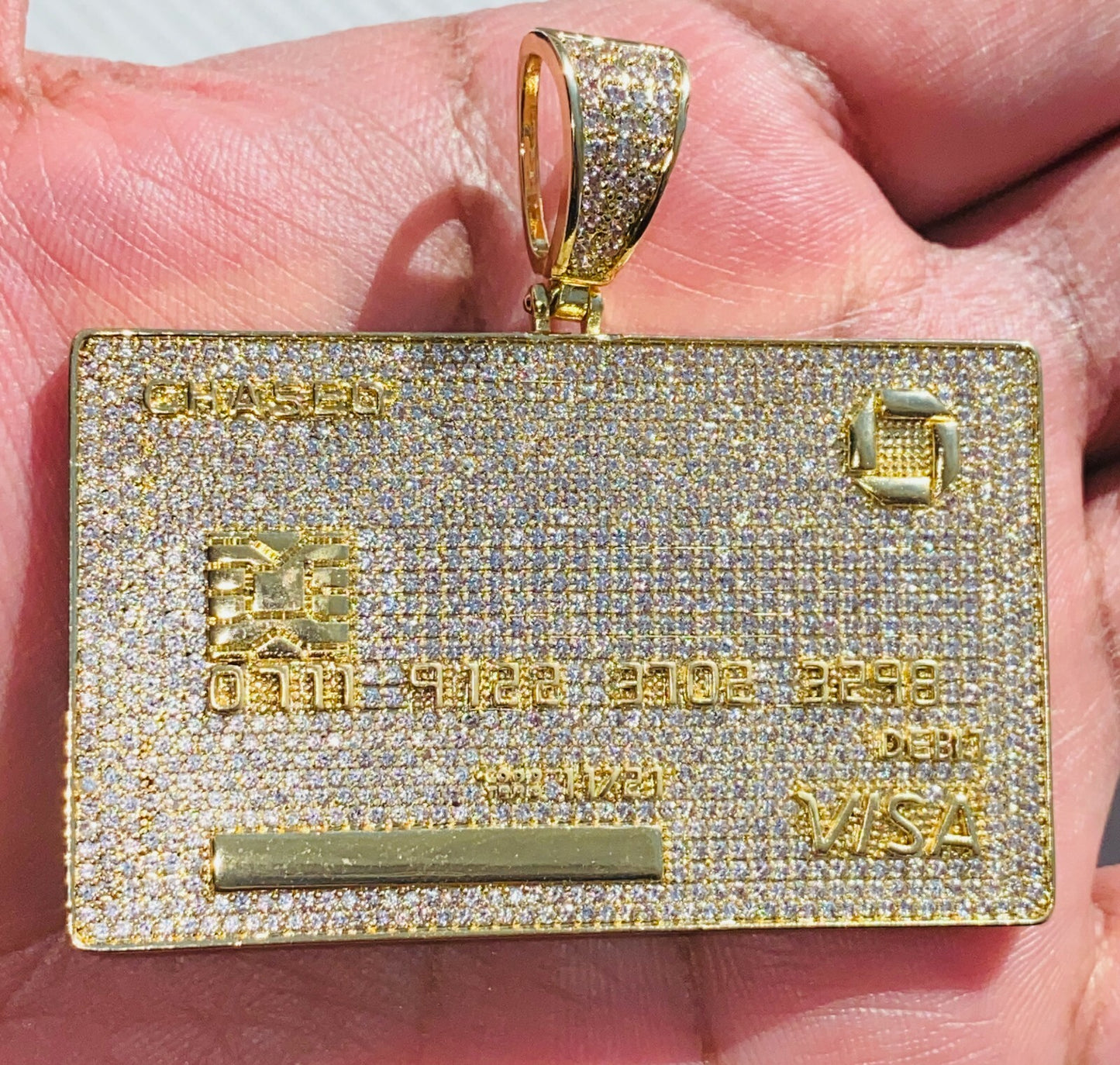 Chase Visa Debit Credit Card Men Women 14K Gold F Pendant Icy Charm Rope Chain