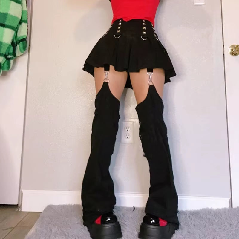 Cyber Y2K Pants Hollow Out Techwear Gothic Emo Alt Trouser Punk Print Cut Out Baggy Jeans Fairy Button Tie up Black Hippie Pants
