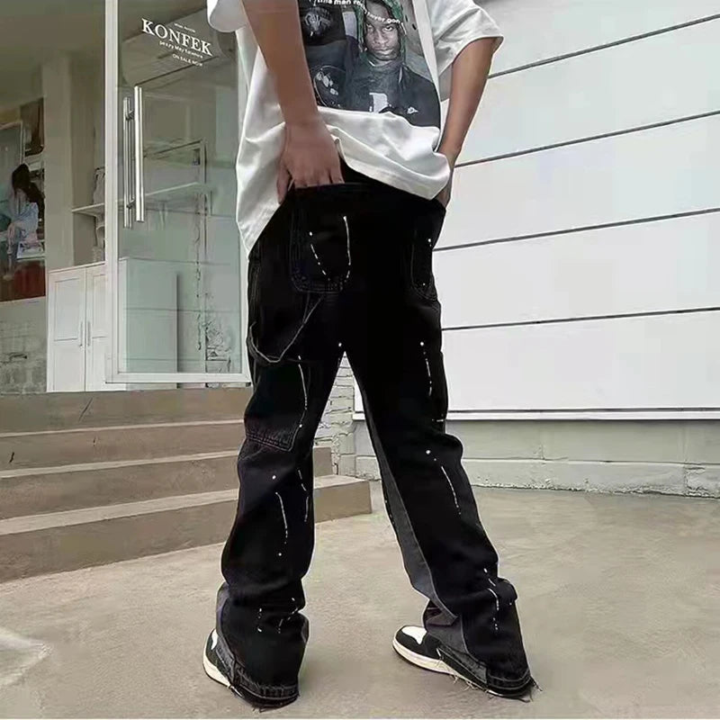 Men'S Vintage Streetwear Flared Jeans Pants Hip Hop Wide Leg Jean Overalls Fashionable Retro Patchwork Ink Splashing