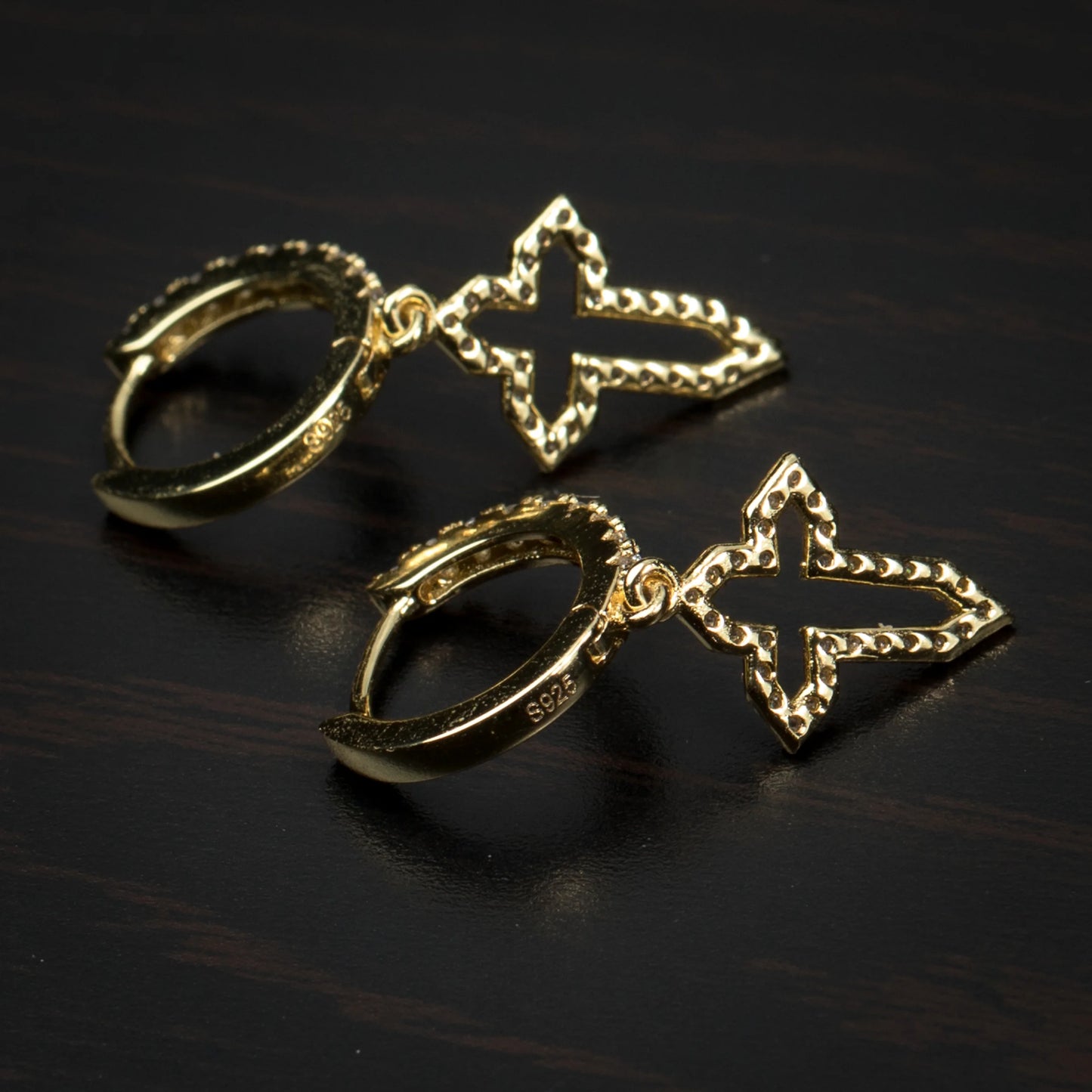 Men'S Yellow Gold Plated 925 Sterling Silver Iced Cz Cross Dangle Hoop Earrings