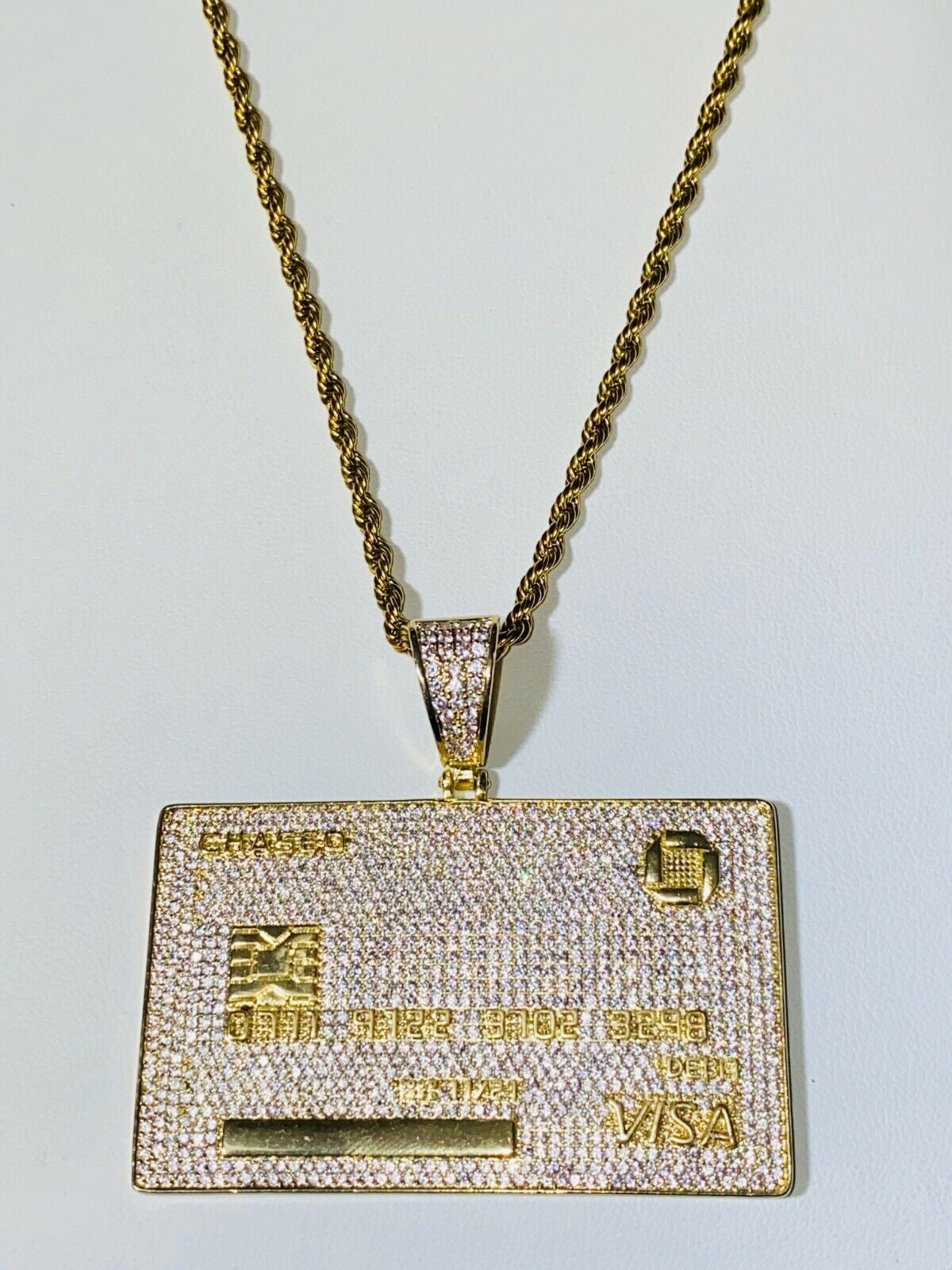 Chase Visa Debit Credit Card Men Women 14K Gold F Pendant Icy Charm Rope Chain