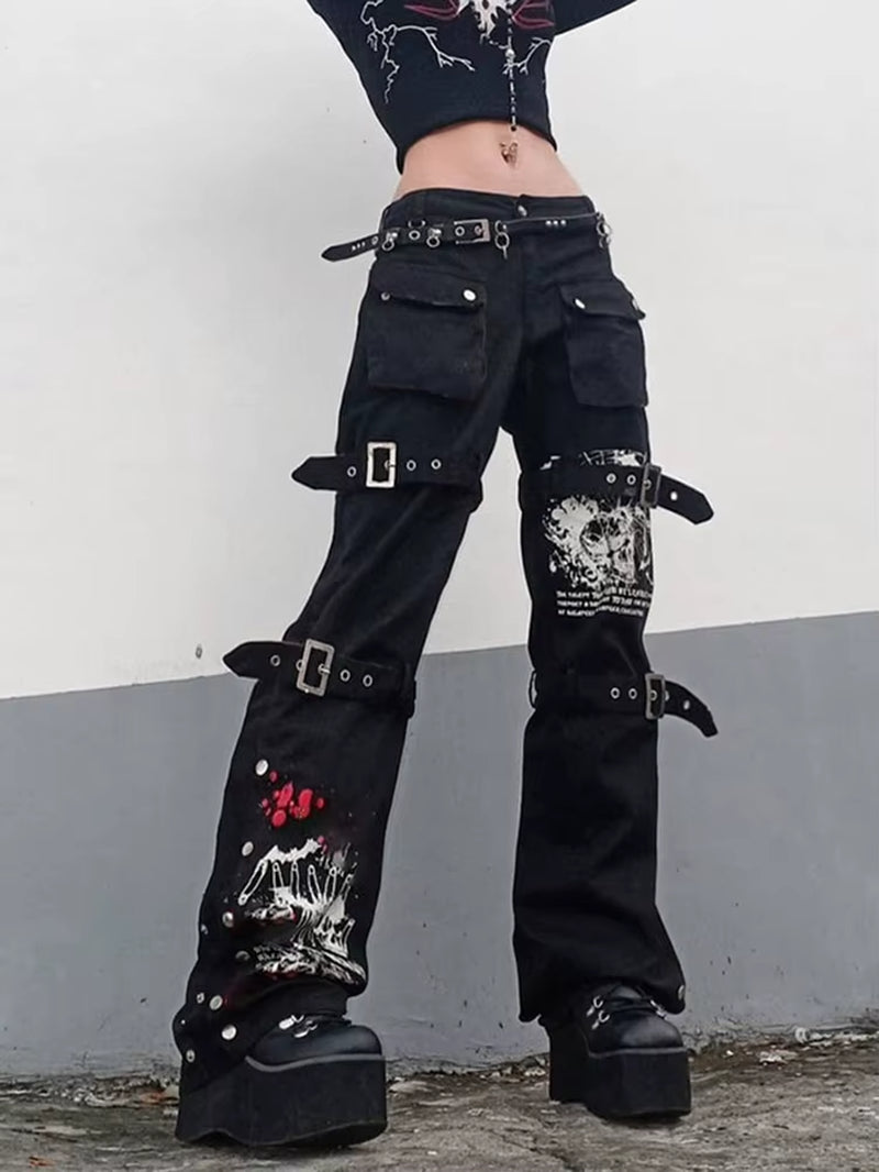 Cyber Y2K Pants Hollow Out Techwear Gothic Emo Alt Trouser Punk Print Cut Out Baggy Jeans Fairy Button Tie up Black Hippie Pants
