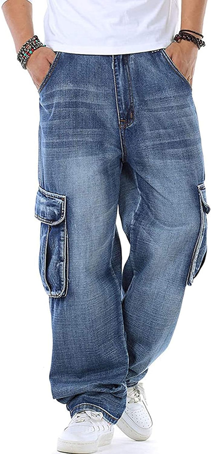 Men'S Casual Loose Hip Hop Denim Work Pants Jeans with Cargo Pockets