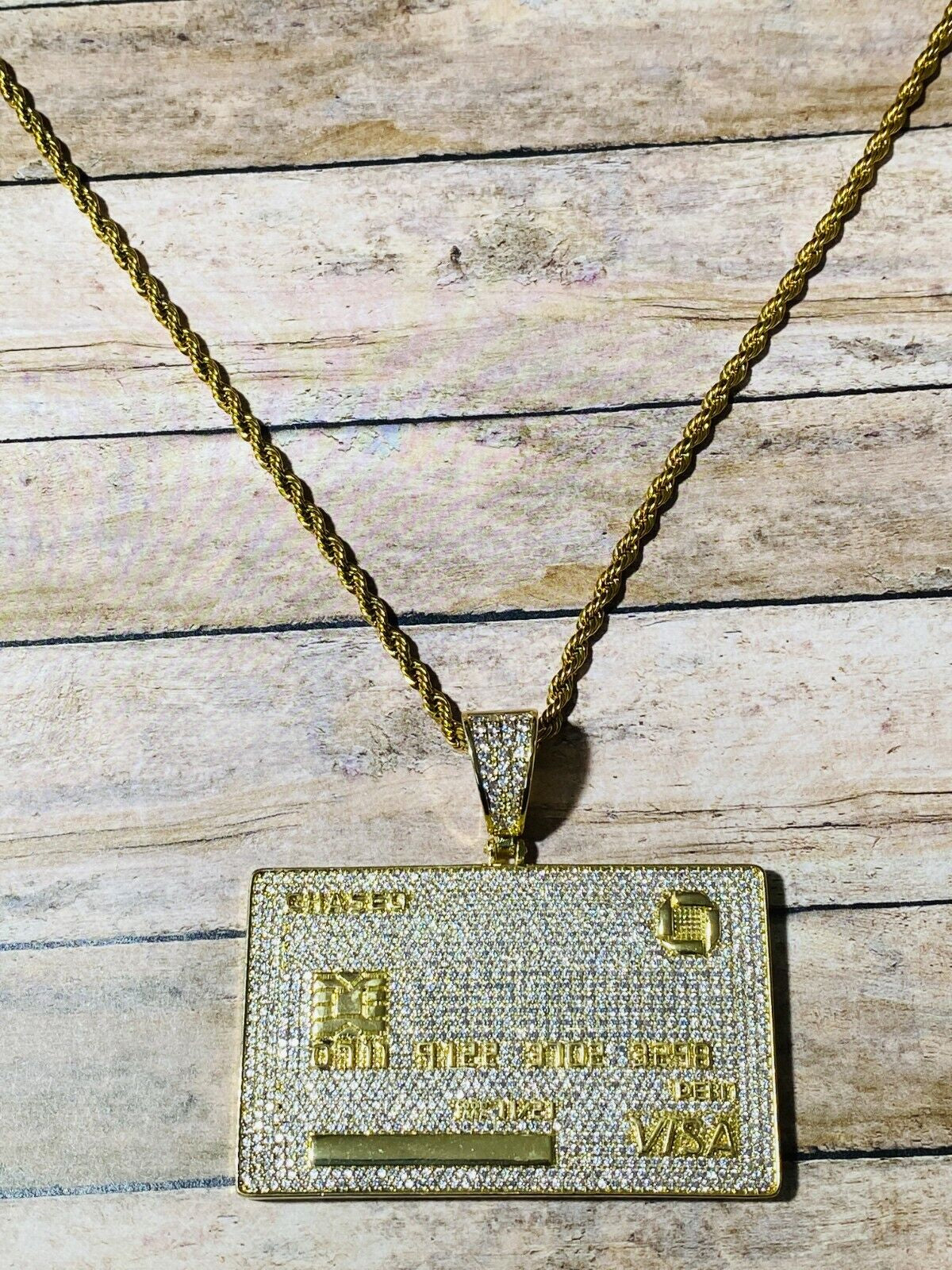 Chase Visa Debit Credit Card Men Women 14K Gold F Pendant Icy Charm Rope Chain