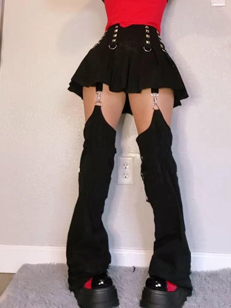 Cyber Y2K Pants Hollow Out Techwear Gothic Emo Alt Trouser Punk Print Cut Out Baggy Jeans Fairy Button Tie up Black Hippie Pants