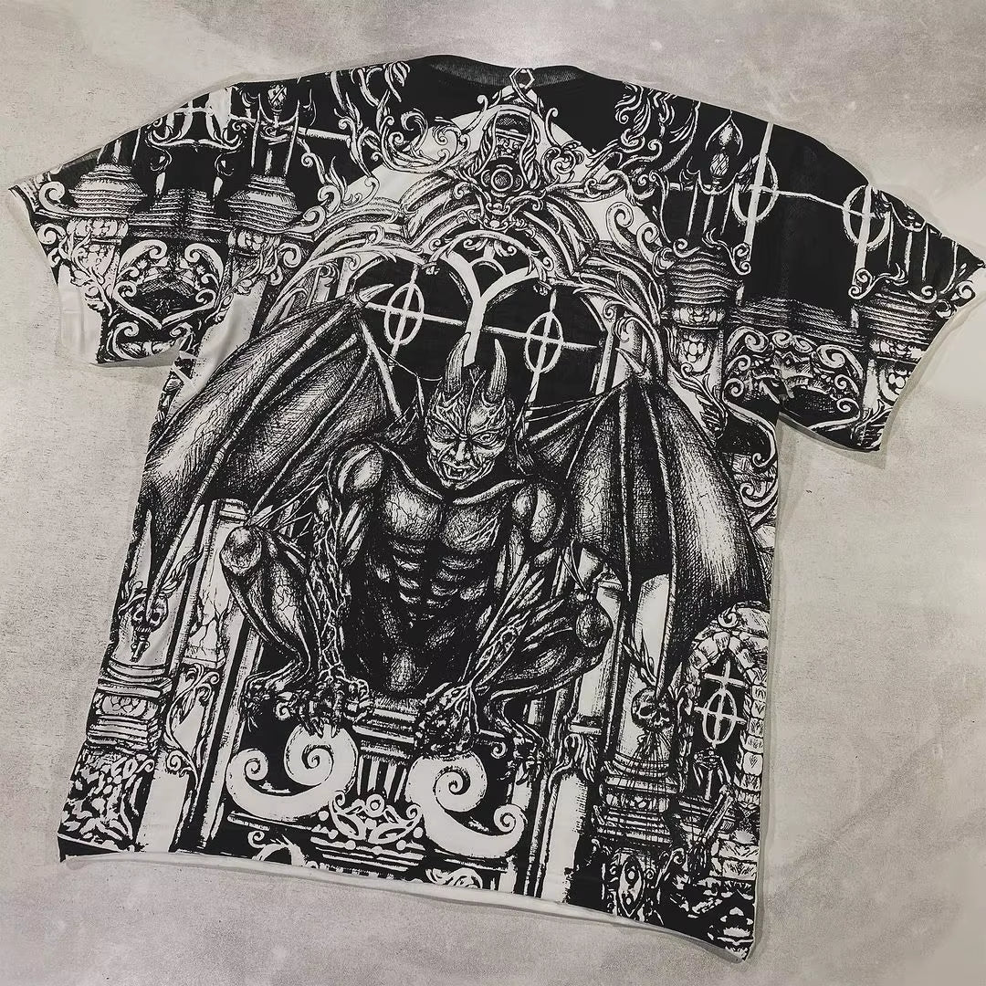 New Gothic Y2K Top Hip Hop Punk Devil Pattern T Shirt Short Sleeve Men and Women Harajuku Loose Casual T Shirts Tops Streetwear