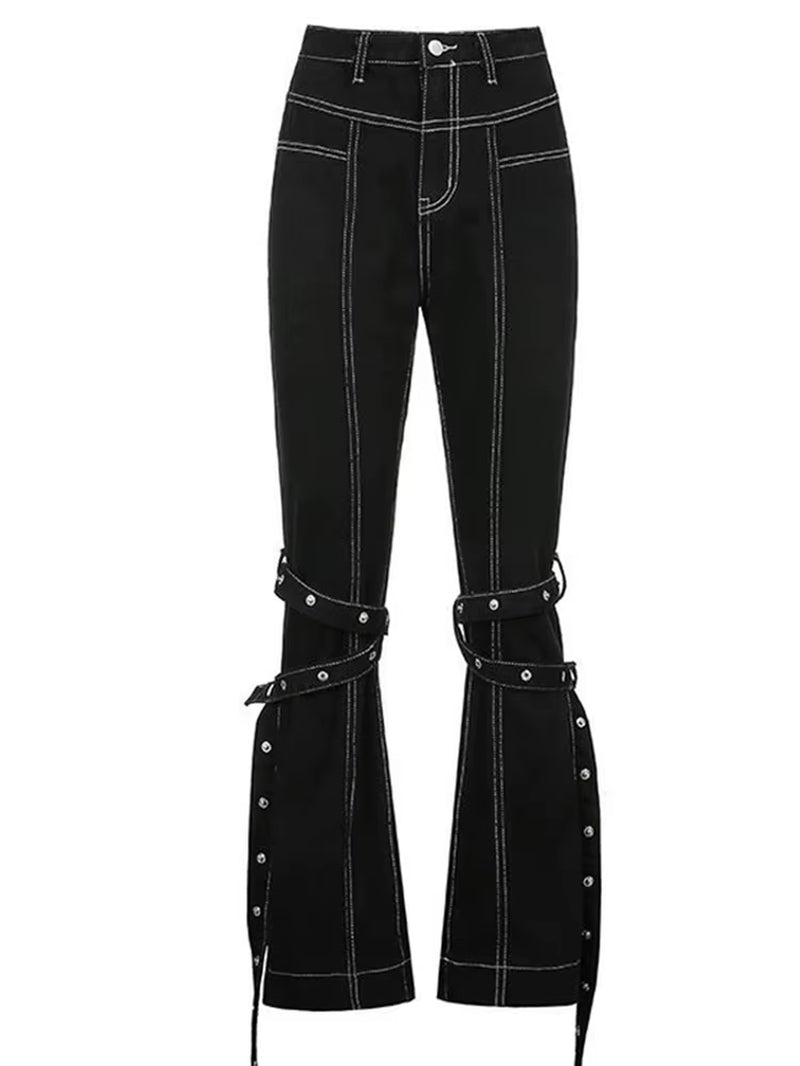Cyber Y2K Pants Hollow Out Techwear Gothic Emo Alt Trouser Punk Print Cut Out Baggy Jeans Fairy Button Tie up Black Hippie Pants