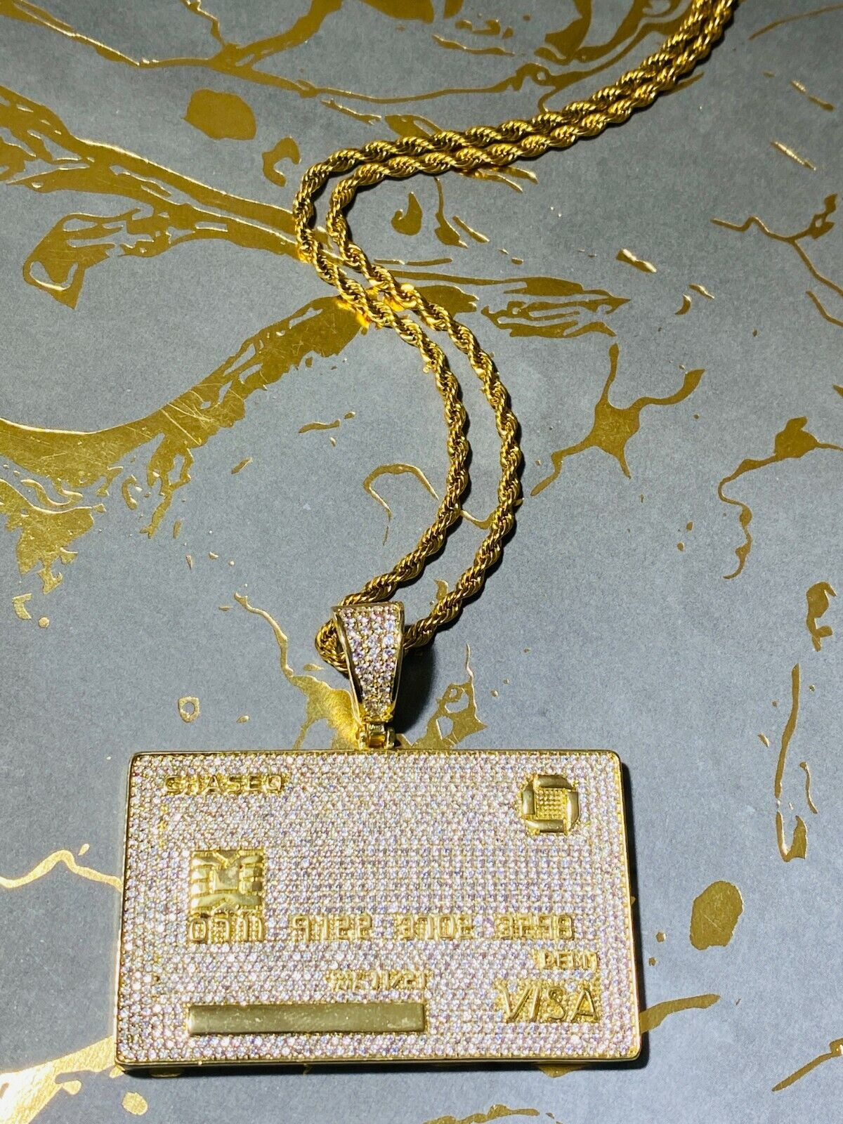 Chase Visa Debit Credit Card Men Women 14K Gold F Pendant Icy Charm Rope Chain