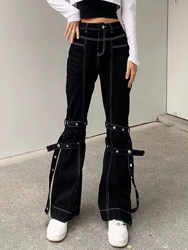 Cyber Y2K Pants Hollow Out Techwear Gothic Emo Alt Trouser Punk Print Cut Out Baggy Jeans Fairy Button Tie up Black Hippie Pants
