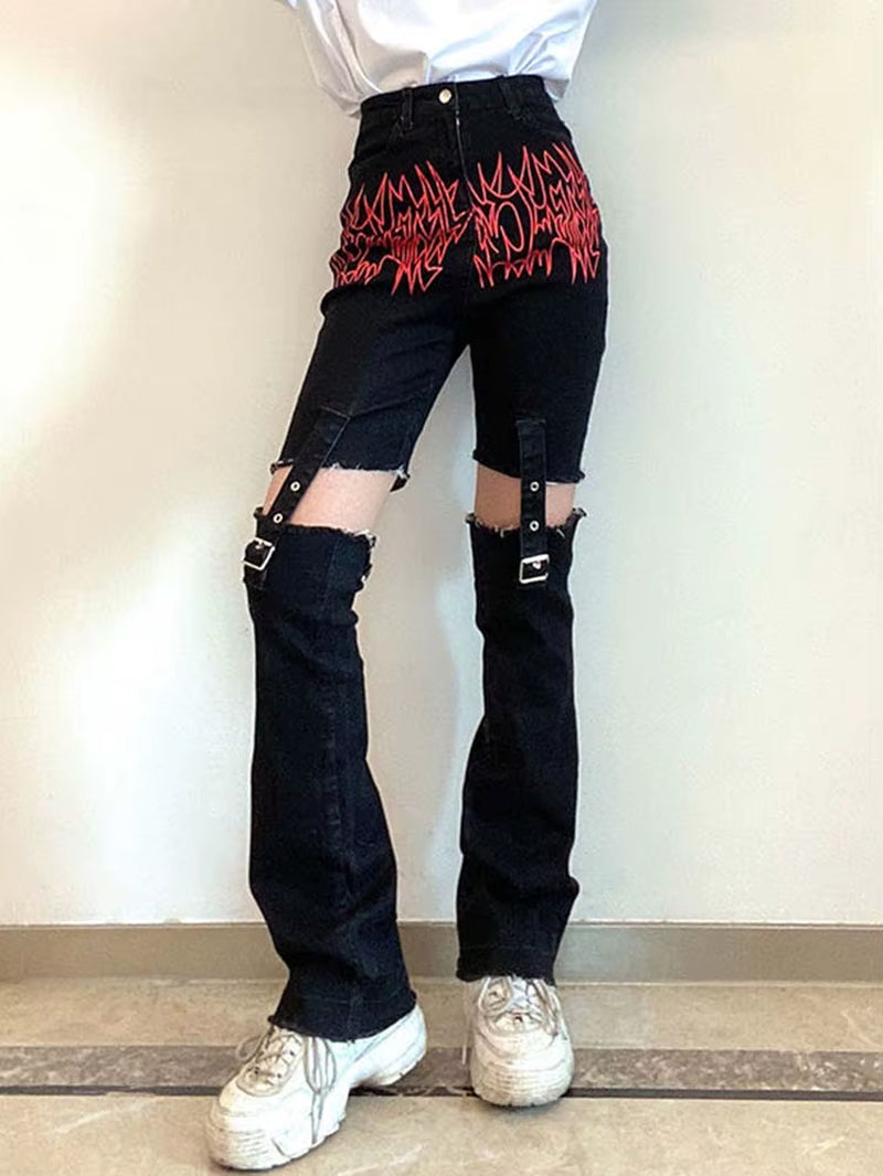 Cyber Y2K Pants Hollow Out Techwear Gothic Emo Alt Trouser Punk Print Cut Out Baggy Jeans Fairy Button Tie up Black Hippie Pants