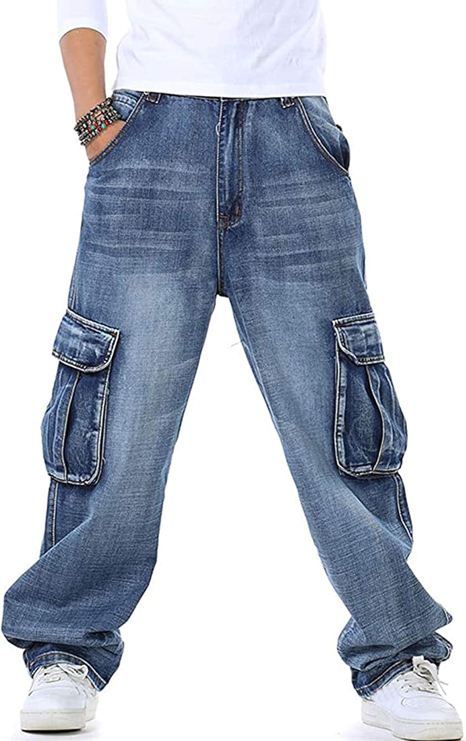 Men'S Casual Loose Hip Hop Denim Work Pants Jeans with Cargo Pockets