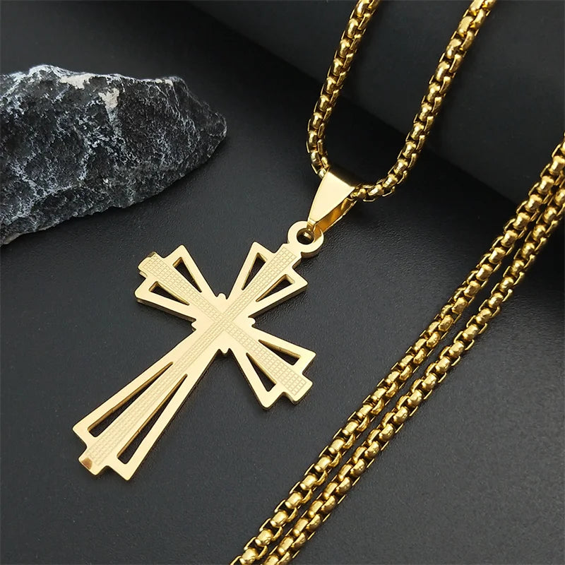 Catholicism Cross Stainless Steel Necklace Men Gold Color Chain Necklaces Anniversary Birthday Gift Jewerly Corrente Masculina