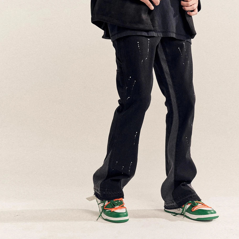 Men'S Vintage Streetwear Flared Jeans Pants Hip Hop Wide Leg Jean Overalls Fashionable Retro Patchwork Ink Splashing