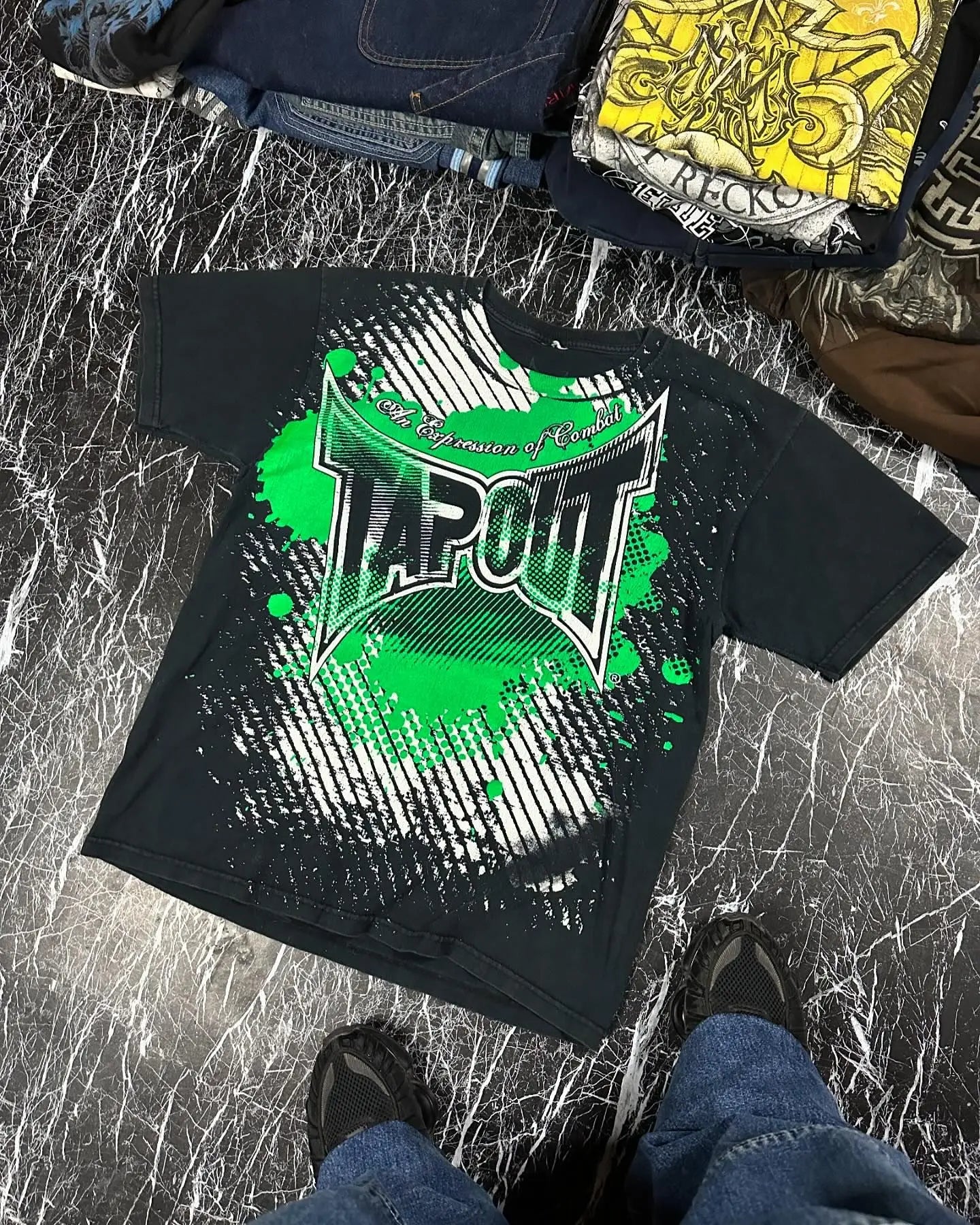 New Tapout Green Graffiti Shirts Y2K Mens Graphic Print Oversized T Shirt Harajuku Gothic round Neck Cotton Short Sleeve Tops
