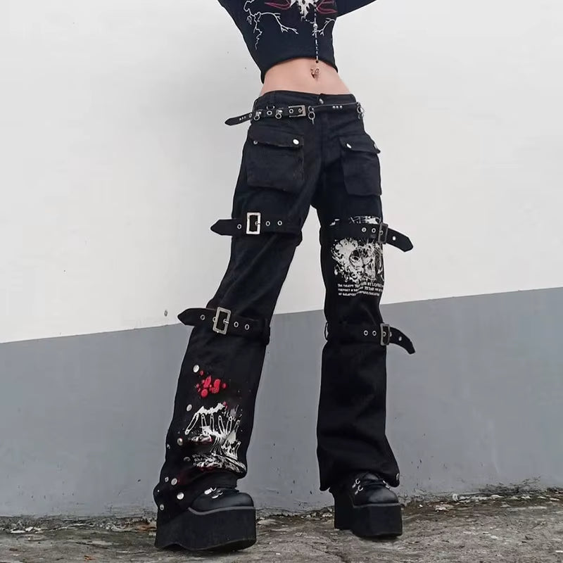 Cyber Y2K Pants Hollow Out Techwear Gothic Emo Alt Trouser Punk Print Cut Out Baggy Jeans Fairy Button Tie up Black Hippie Pants