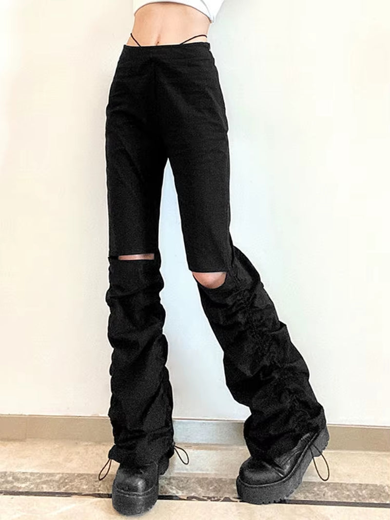 Cyber Y2K Pants Hollow Out Techwear Gothic Emo Alt Trouser Punk Print Cut Out Baggy Jeans Fairy Button Tie up Black Hippie Pants