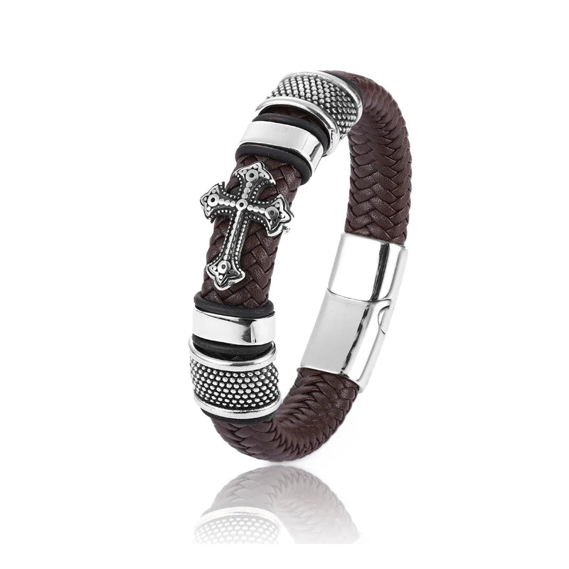 Punk Mingao Charm Stainless Steel Cross Leather Bracelet Man Charm 12*6 Black Woven Custom Name Bracelet Magnet Clasp Brown Gift