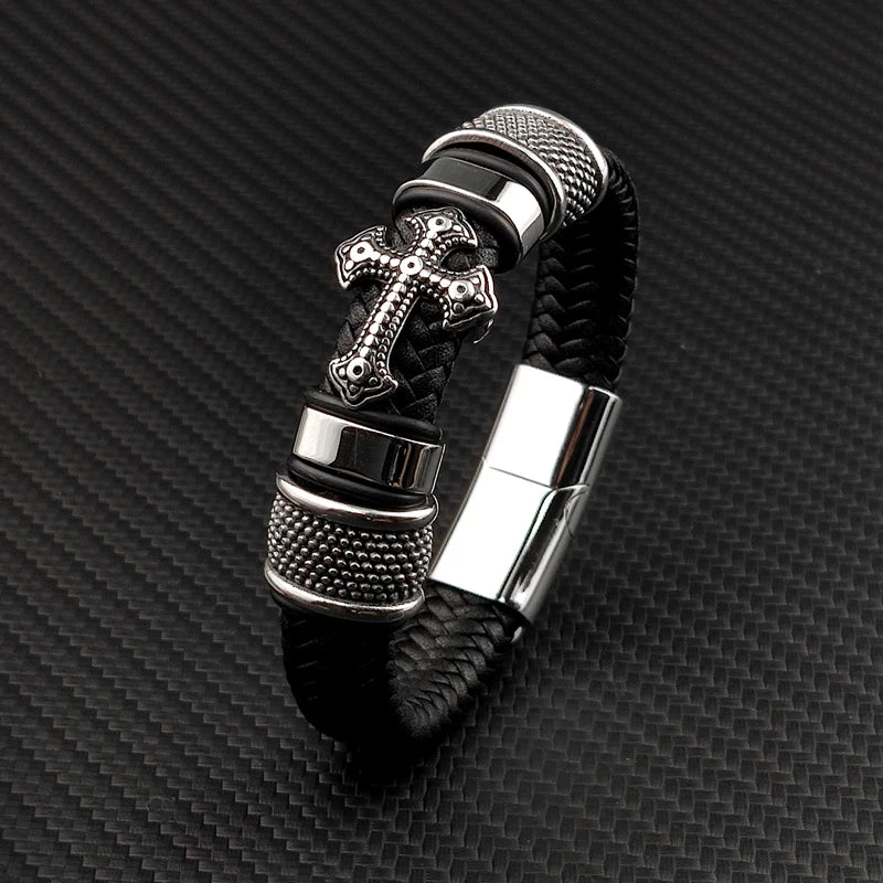 Punk Mingao Charm Stainless Steel Cross Leather Bracelet Man Charm 12*6 Black Woven Custom Name Bracelet Magnet Clasp Brown Gift