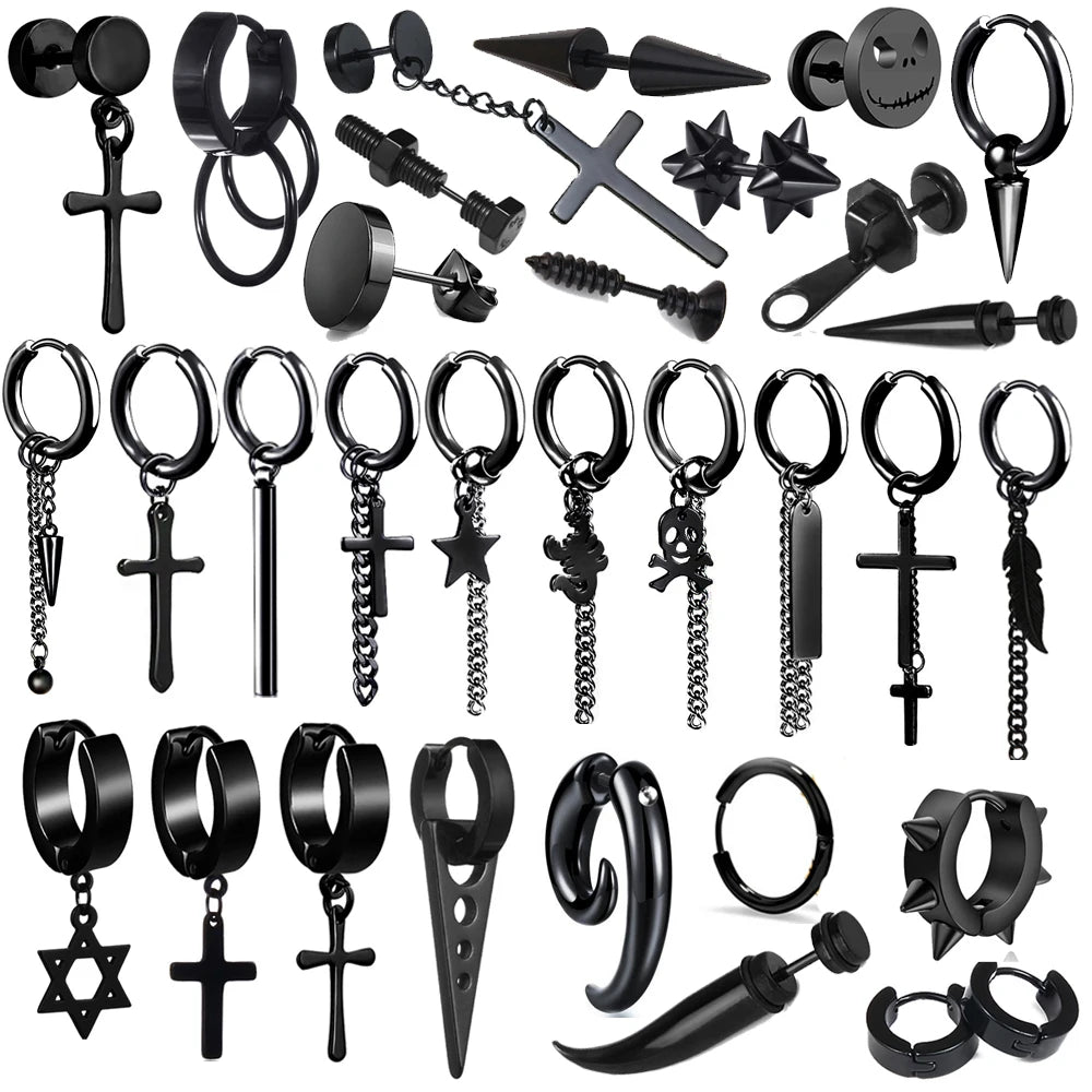 1 Pair Punk Black Multiple Styles Stainless/Titanium Steel Stud Earrings for Men and Women Gothic Street Pop Hip Hop Ear Jewelry