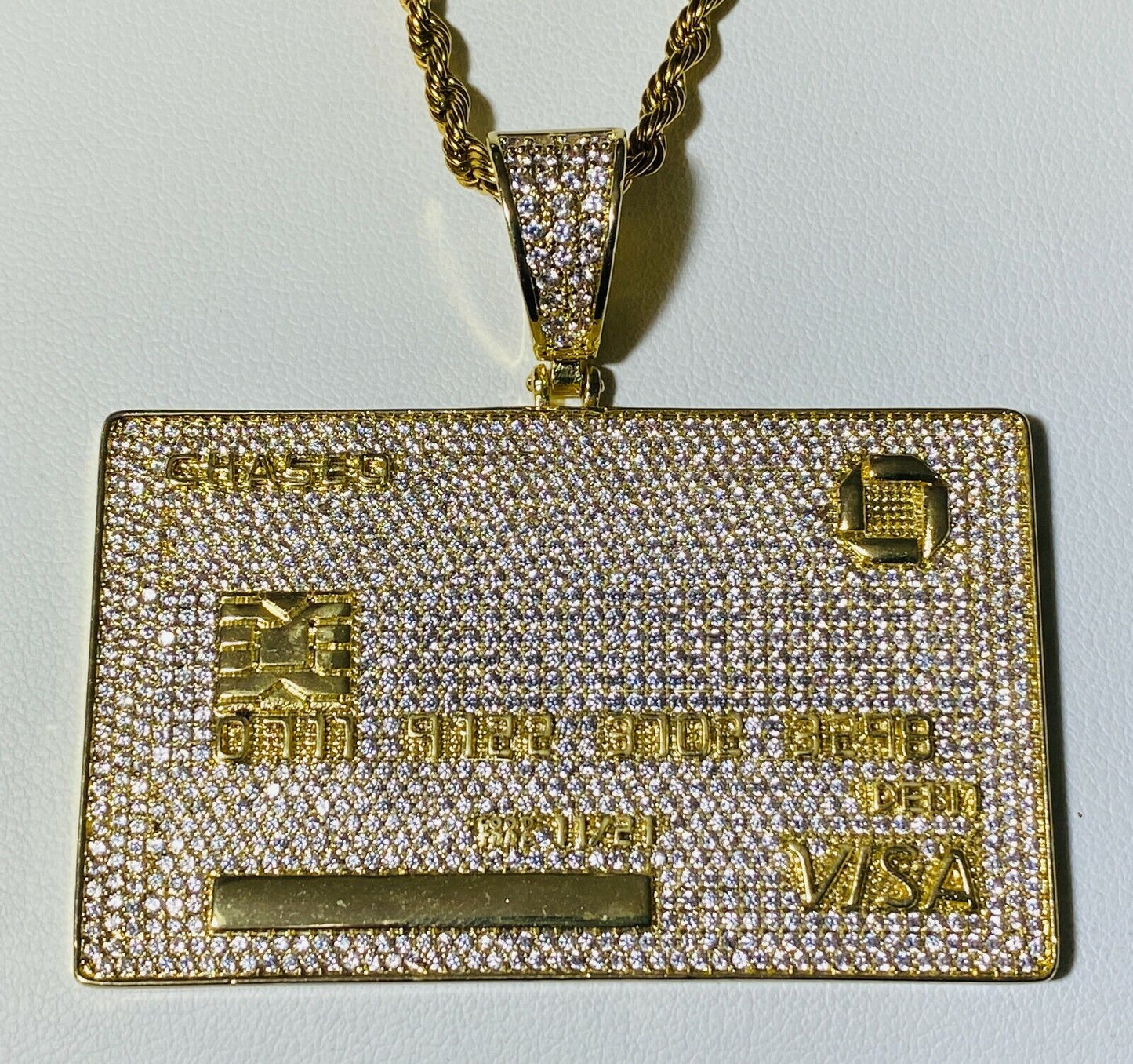 Chase Visa Debit Credit Card Men Women 14K Gold F Pendant Icy Charm Rope Chain
