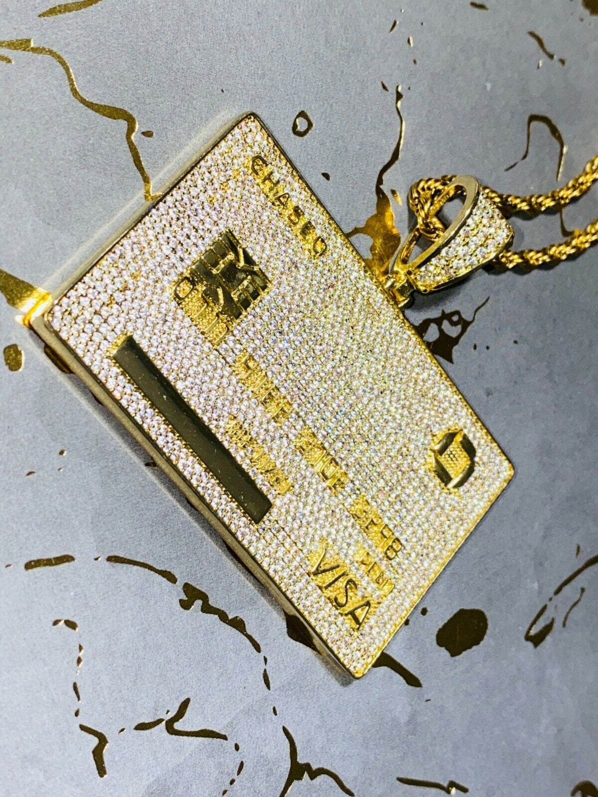 Chase Visa Debit Credit Card Men Women 14K Gold F Pendant Icy Charm Rope Chain