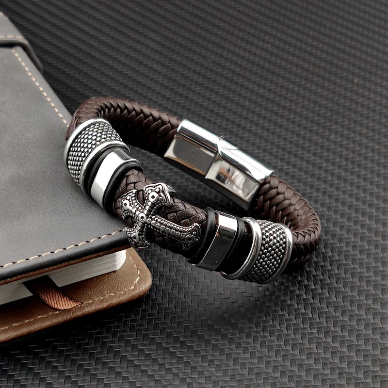 Punk Mingao Charm Stainless Steel Cross Leather Bracelet Man Charm 12*6 Black Woven Custom Name Bracelet Magnet Clasp Brown Gift