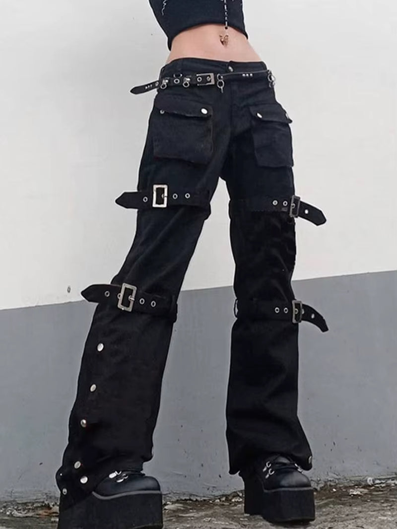 Cyber Y2K Pants Hollow Out Techwear Gothic Emo Alt Trouser Punk Print Cut Out Baggy Jeans Fairy Button Tie up Black Hippie Pants