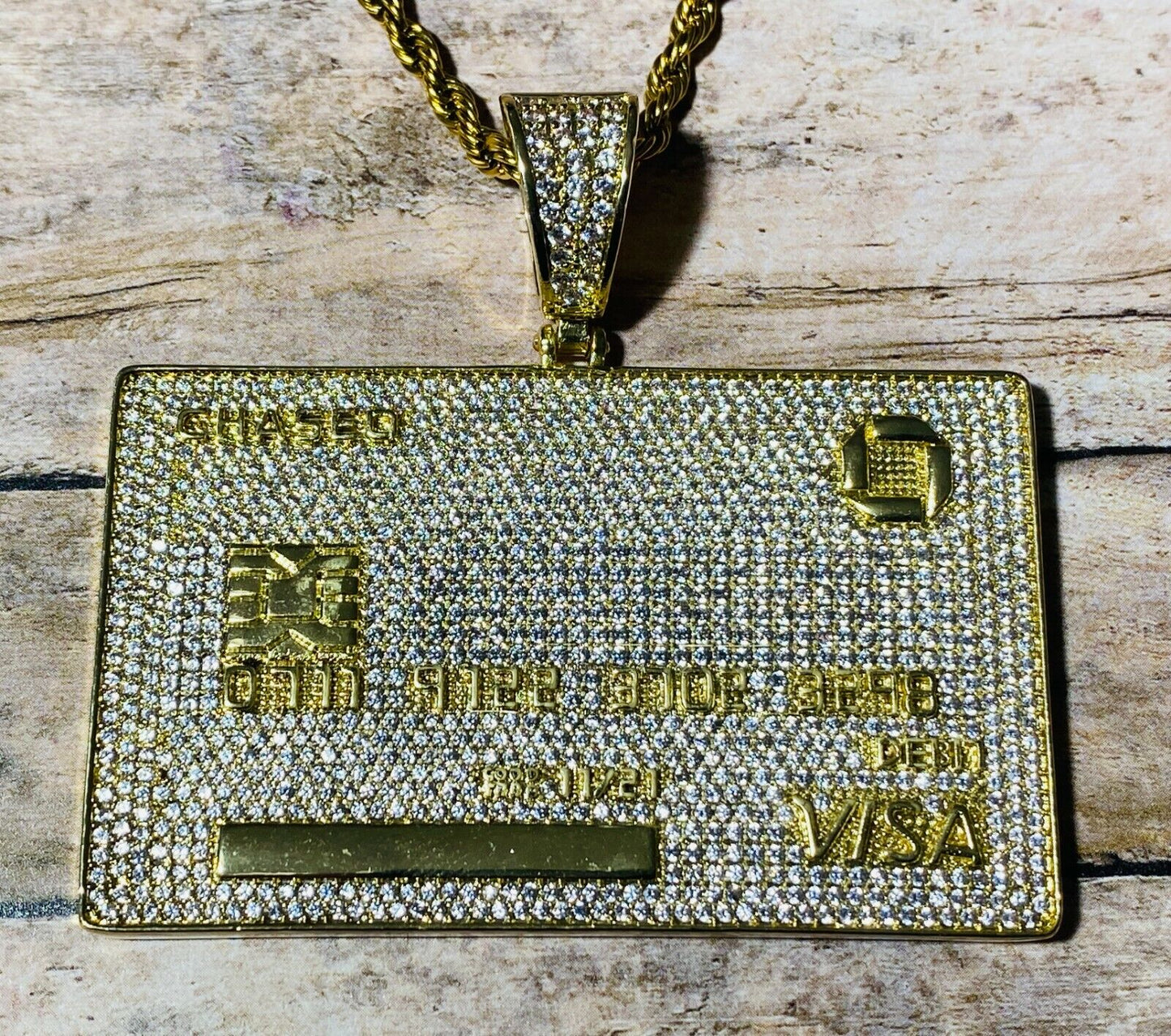 Chase Visa Debit Credit Card Men Women 14K Gold F Pendant Icy Charm Rope Chain