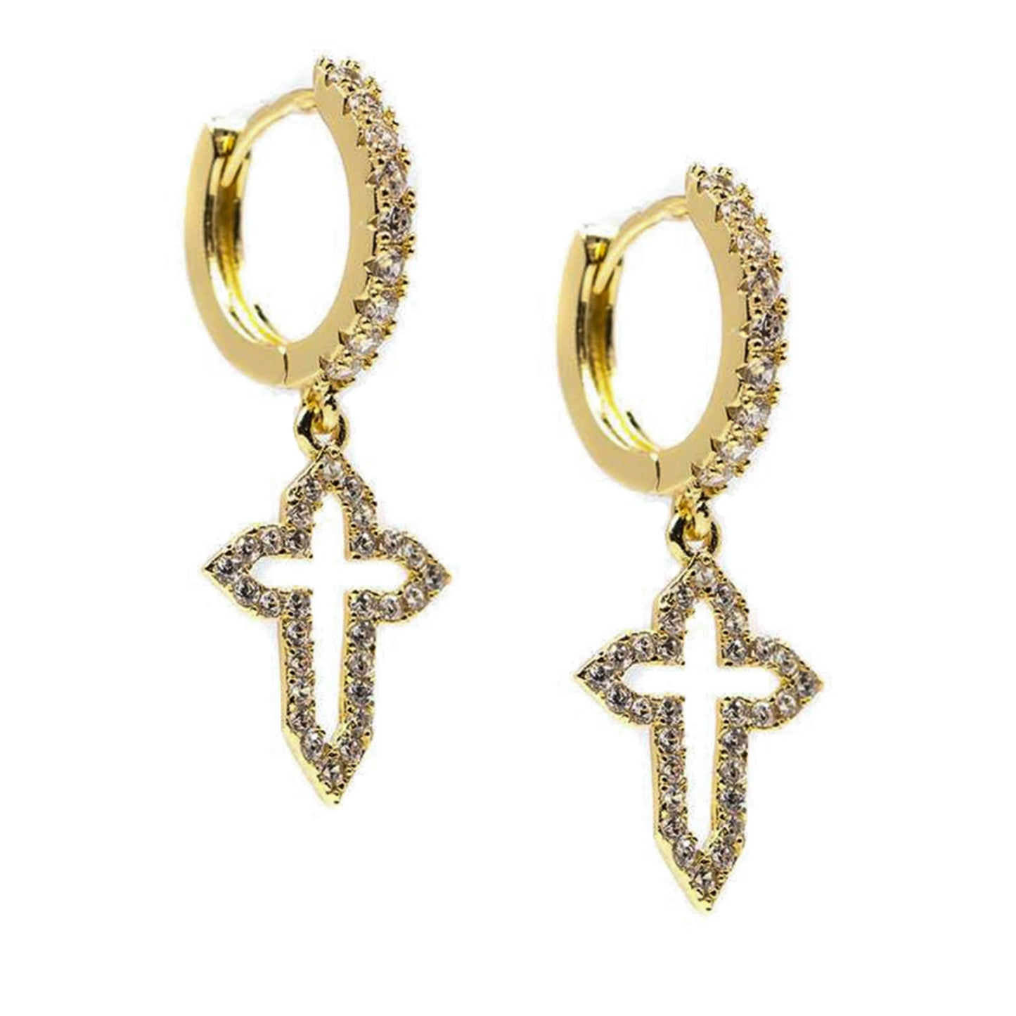 Men'S Yellow Gold Plated 925 Sterling Silver Iced Cz Cross Dangle Hoop Earrings