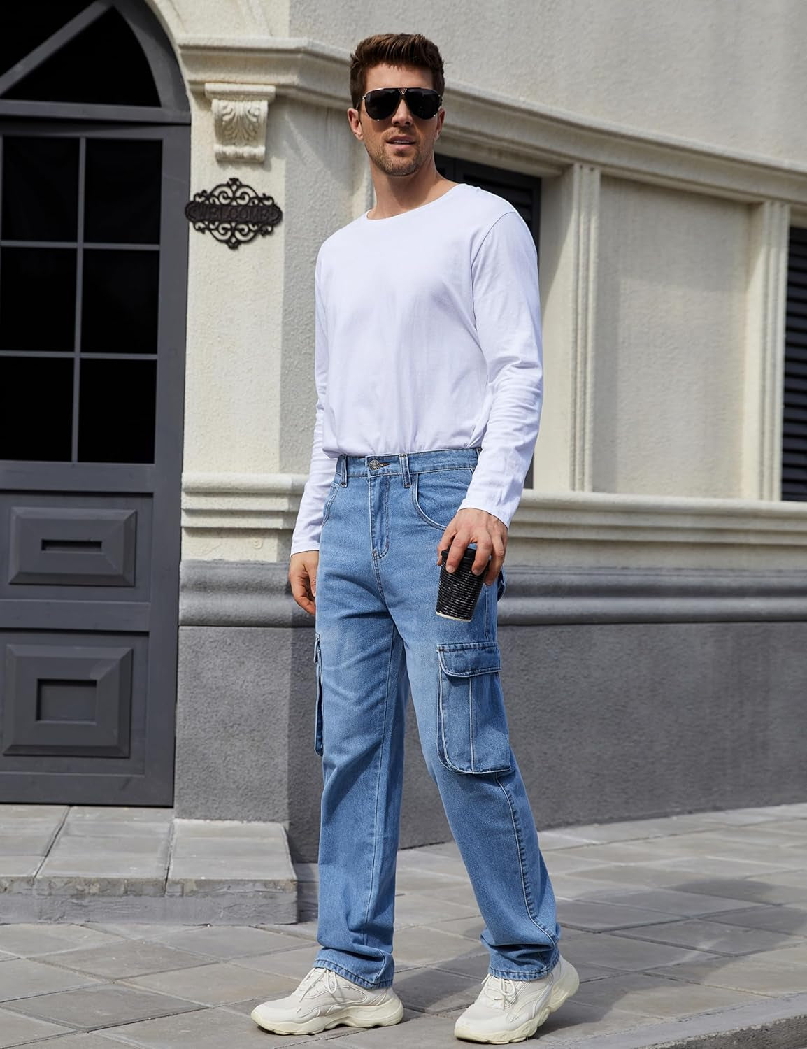 Men'S Casual Loose Hip Hop Denim Work Pants Jeans with Cargo Pockets