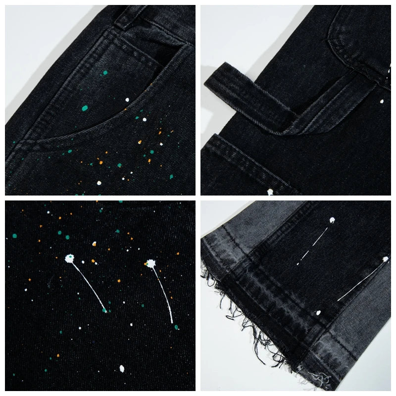 Men'S Vintage Streetwear Flared Jeans Pants Hip Hop Wide Leg Jean Overalls Fashionable Retro Patchwork Ink Splashing