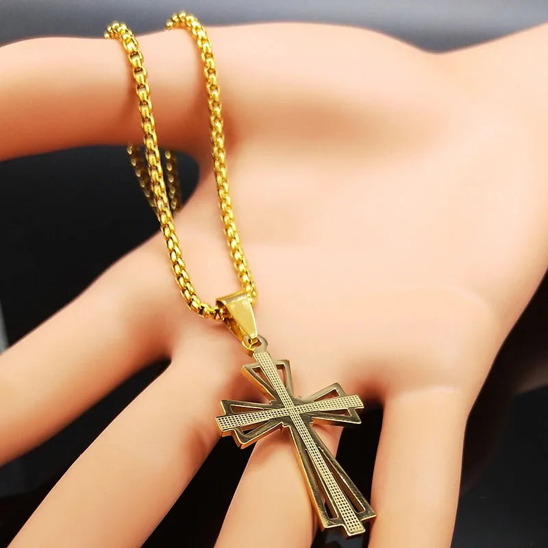 Catholicism Cross Stainless Steel Necklace Men Gold Color Chain Necklaces Anniversary Birthday Gift Jewerly Corrente Masculina