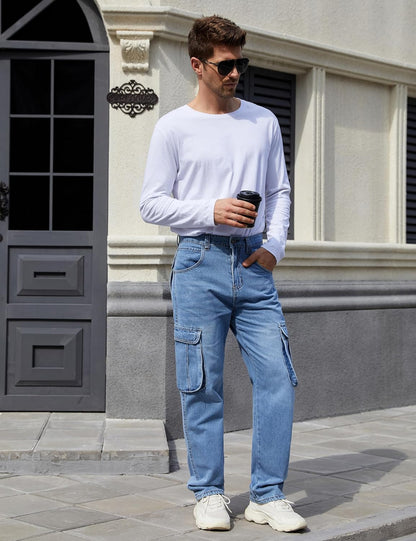 Men'S Casual Loose Hip Hop Denim Work Pants Jeans with Cargo Pockets