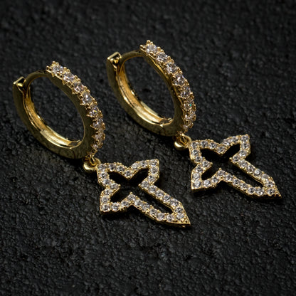 Men'S Yellow Gold Plated 925 Sterling Silver Iced Cz Cross Dangle Hoop Earrings