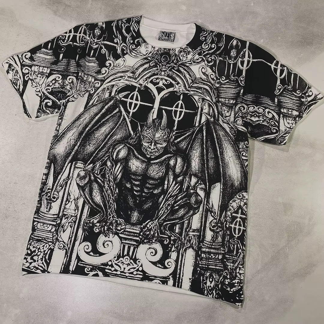 New Gothic Y2K Top Hip Hop Punk Devil Pattern T Shirt Short Sleeve Men and Women Harajuku Loose Casual T Shirts Tops Streetwear