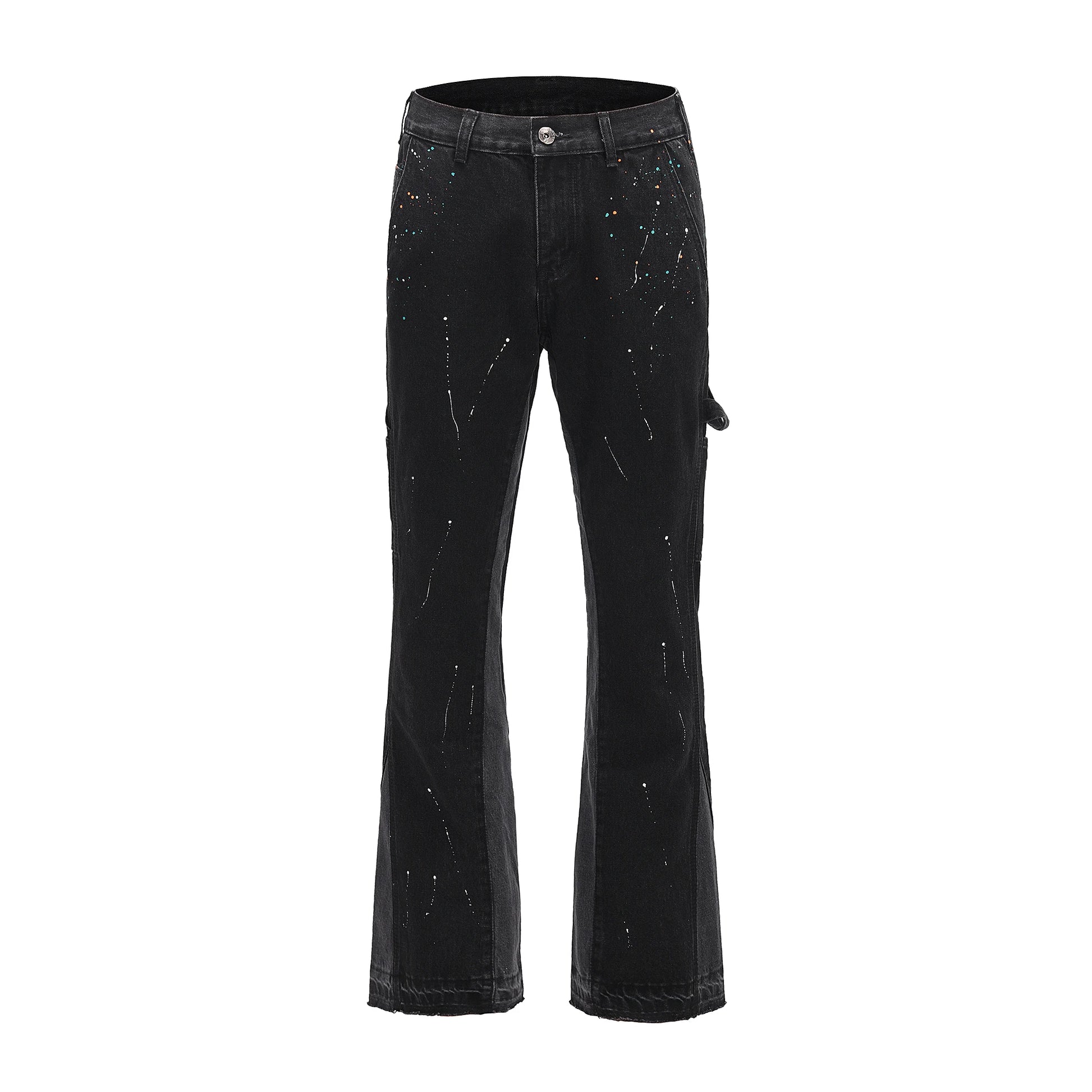 Men'S Vintage Streetwear Flared Jeans Pants Hip Hop Wide Leg Jean Overalls Fashionable Retro Patchwork Ink Splashing