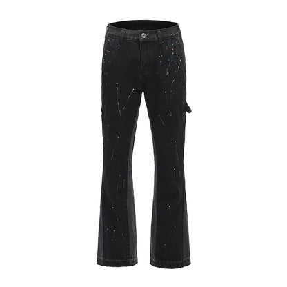 Men'S Vintage Streetwear Flared Jeans Pants Hip Hop Wide Leg Jean Overalls Fashionable Retro Patchwork Ink Splashing