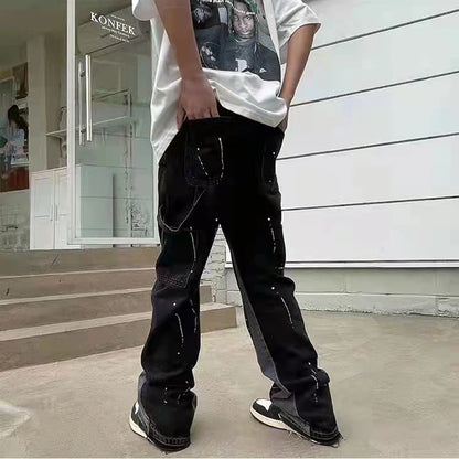 Men'S Vintage Streetwear Flared Jeans Pants Hip Hop Wide Leg Jean Overalls Fashionable Retro Patchwork Ink Splashing