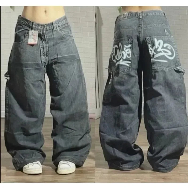 Retro Southpole Jeans Skull Watermark Loose Jeans Men Women Y2K Harajuku Gothic Hip Hop Skateboard Pants Street Wear Mom Jeans