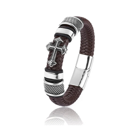 Punk Mingao Charm Stainless Steel Cross Leather Bracelet Man Charm 12*6 Black Woven Custom Name Bracelet Magnet Clasp Brown Gift