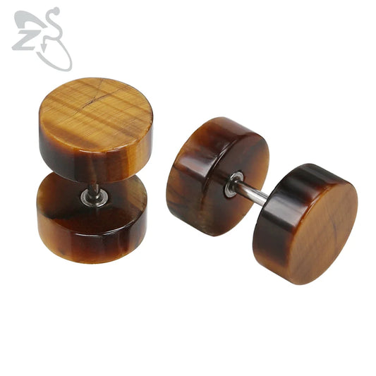 ZS 1 Piar Wood Barbell Dumbbell Punk Gothic Stud Earring Men'S Natural Stone Hip Hop Rock Street Pop Earrings Male Biker Jewelry
