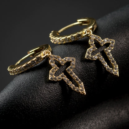 Men'S Yellow Gold Plated 925 Sterling Silver Iced Cz Cross Dangle Hoop Earrings
