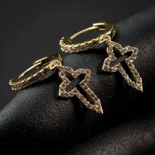 Men'S Yellow Gold Plated 925 Sterling Silver Iced Cz Cross Dangle Hoop Earrings