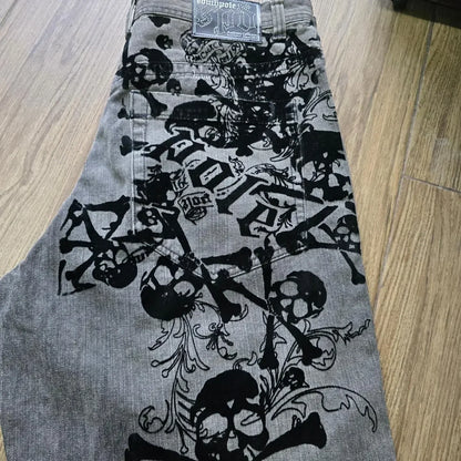 Retro Southpole Jeans Skull Watermark Loose Jeans Men Women Y2K Harajuku Gothic Hip Hop Skateboard Pants Street Wear Mom Jeans