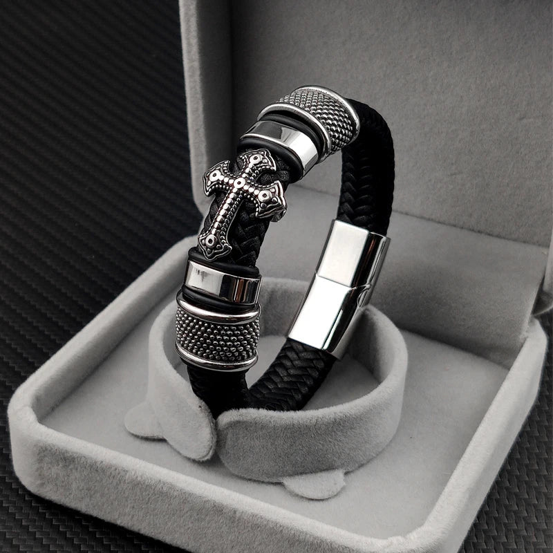Punk Mingao Charm Stainless Steel Cross Leather Bracelet Man Charm 12*6 Black Woven Custom Name Bracelet Magnet Clasp Brown Gift