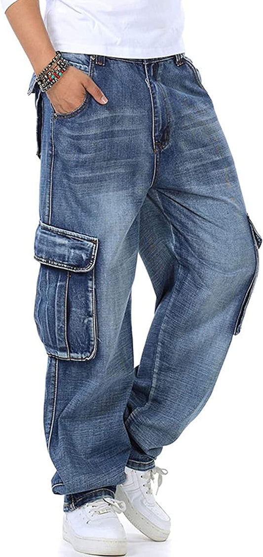 Men'S Casual Loose Hip Hop Denim Work Pants Jeans with Cargo Pockets