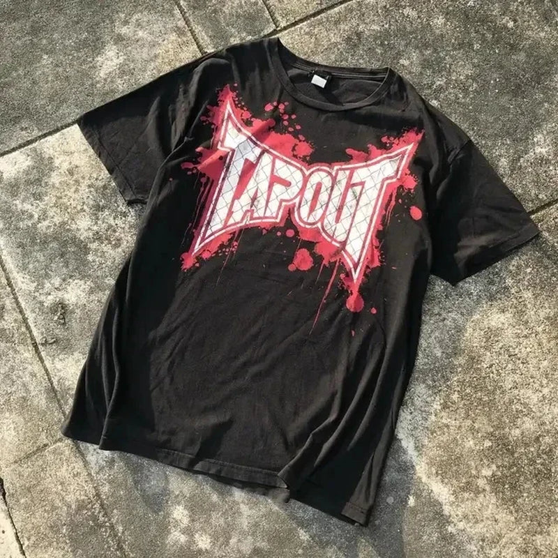 New Tapout Green Graffiti Shirts Y2K Mens Graphic Print Oversized T Shirt Harajuku Gothic round Neck Cotton Short Sleeve Tops