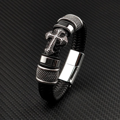Punk Mingao Charm Stainless Steel Cross Leather Bracelet Man Charm 12*6 Black Woven Custom Name Bracelet Magnet Clasp Brown Gift